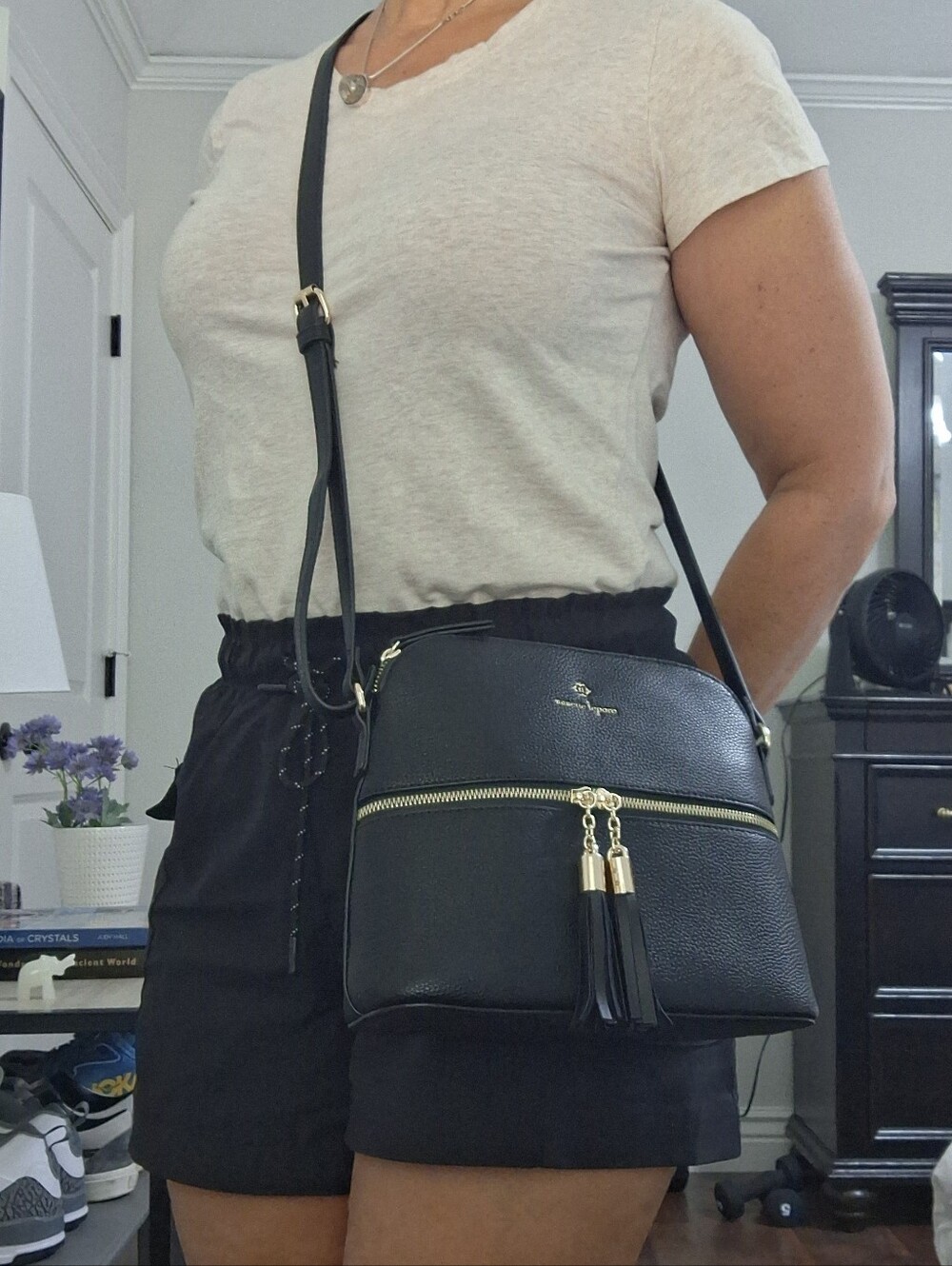 Nanette Lepore Black Pebbled Leather Crossbody with Gold Tassels
